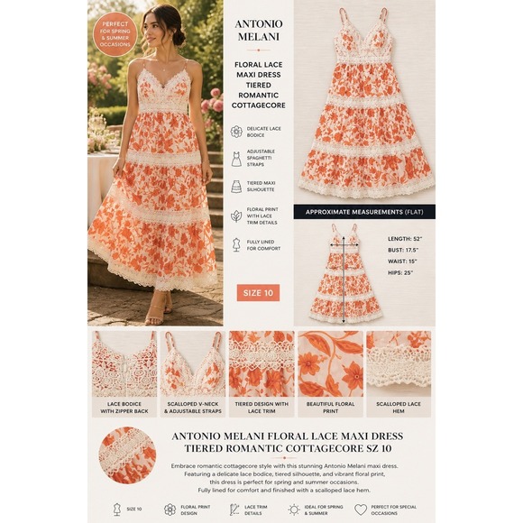 ANTONIO MELANI Dresses & Skirts - Antonio Melani Bright Orange Floral & Lace Tiered Maxi Sun Dress, Lined, Sz 10